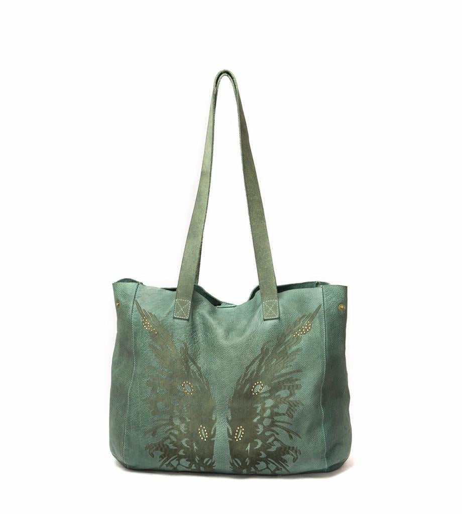 Soft Green Leather Tote Shopper with Butterfly Stud Detail