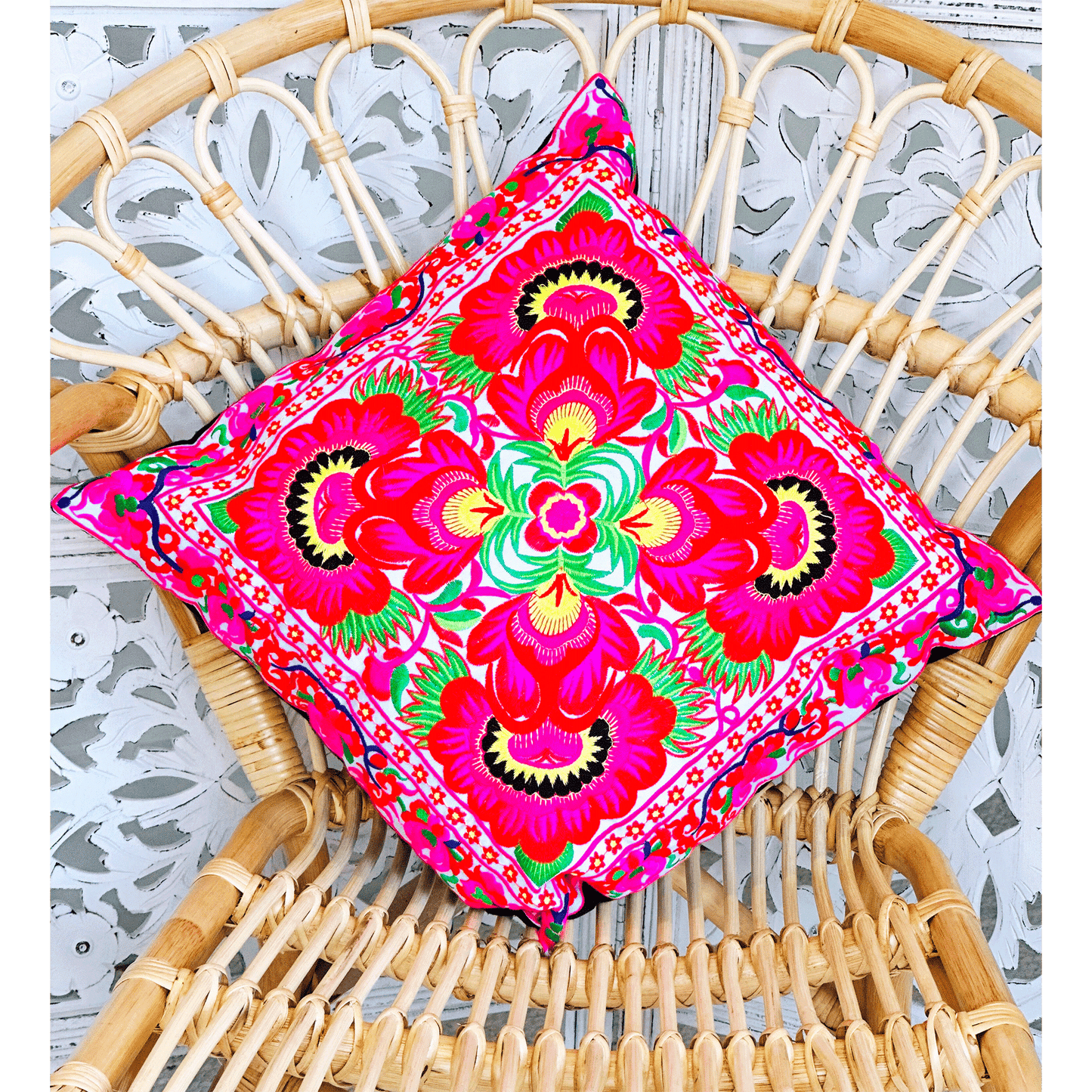 White Bright Embroidered Floral Cushion