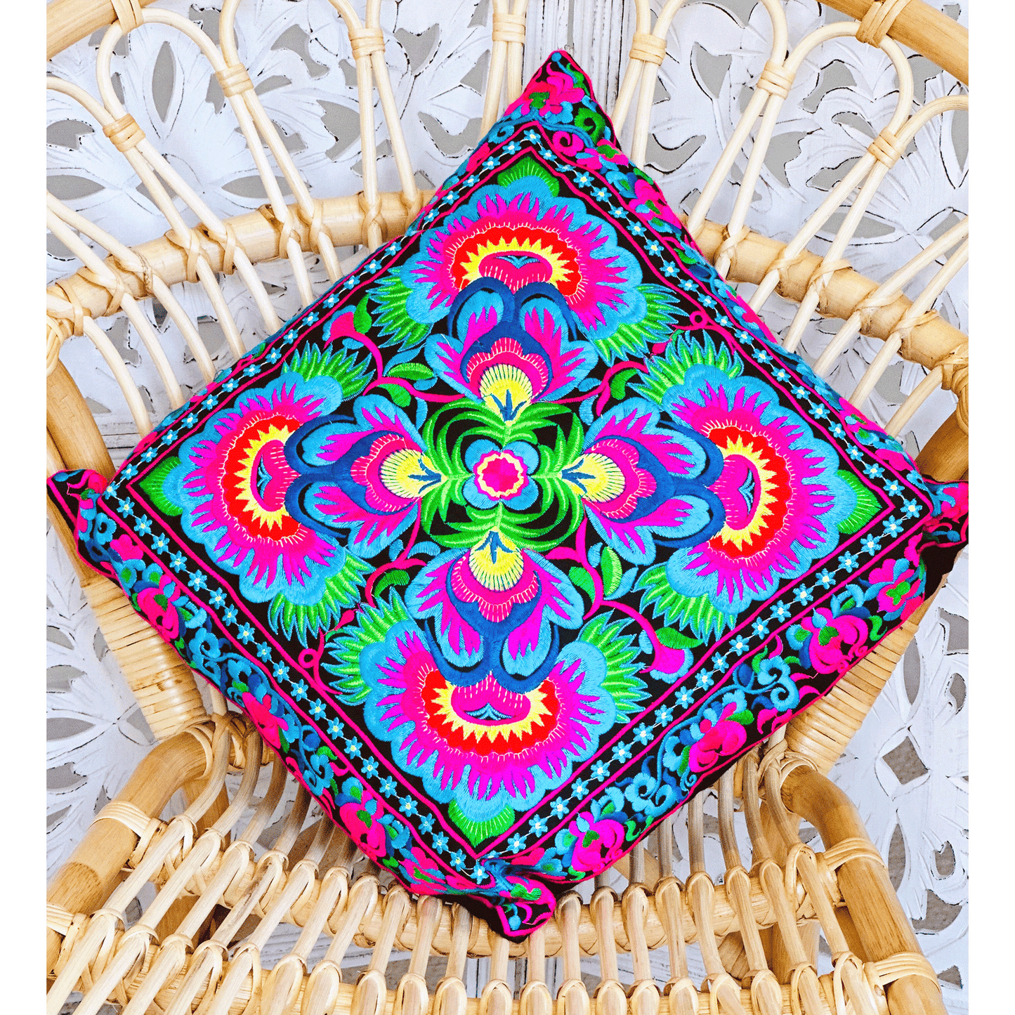 Blue Bright Embroidered Floral Cushion Cover