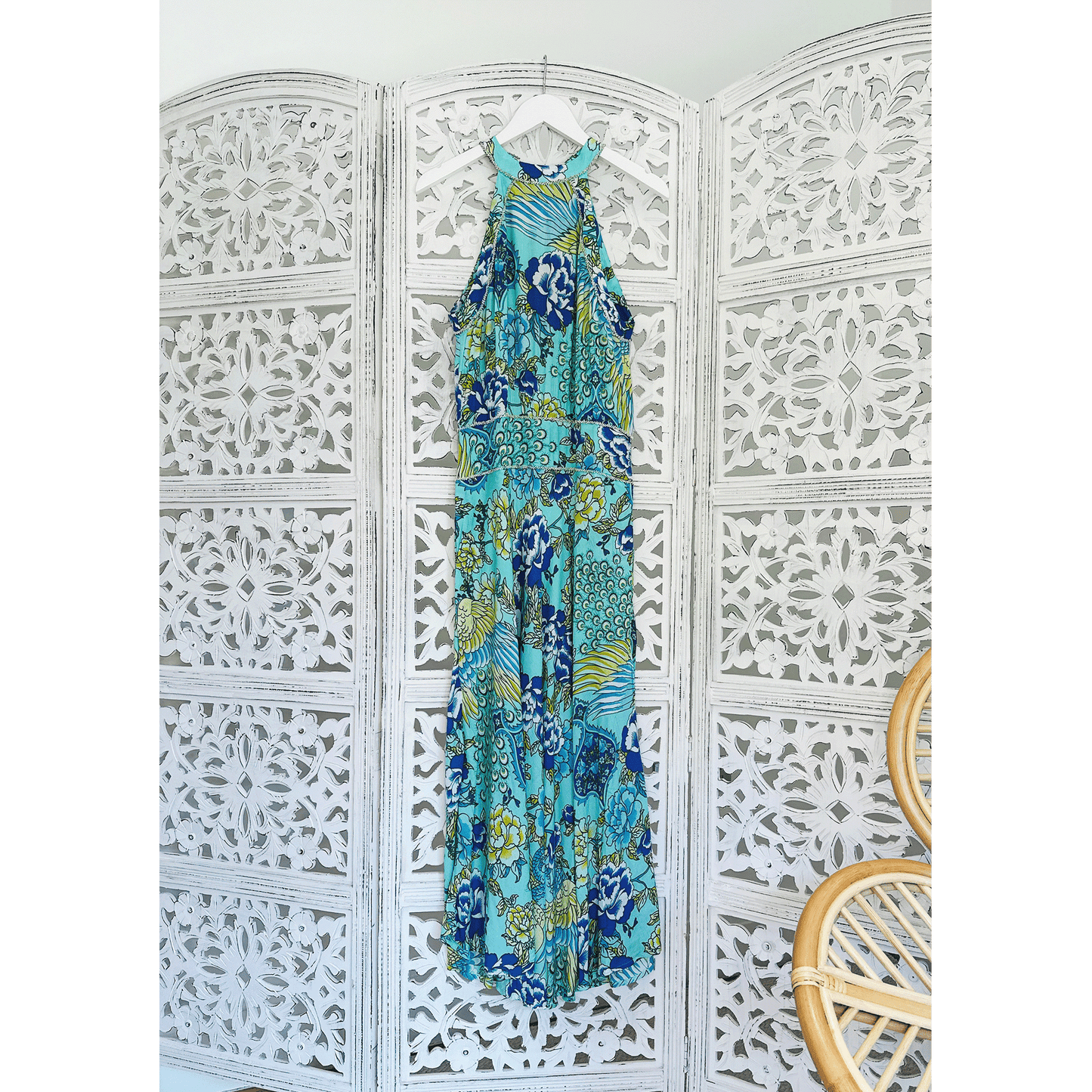 Beaded Floral Print Midi Dress