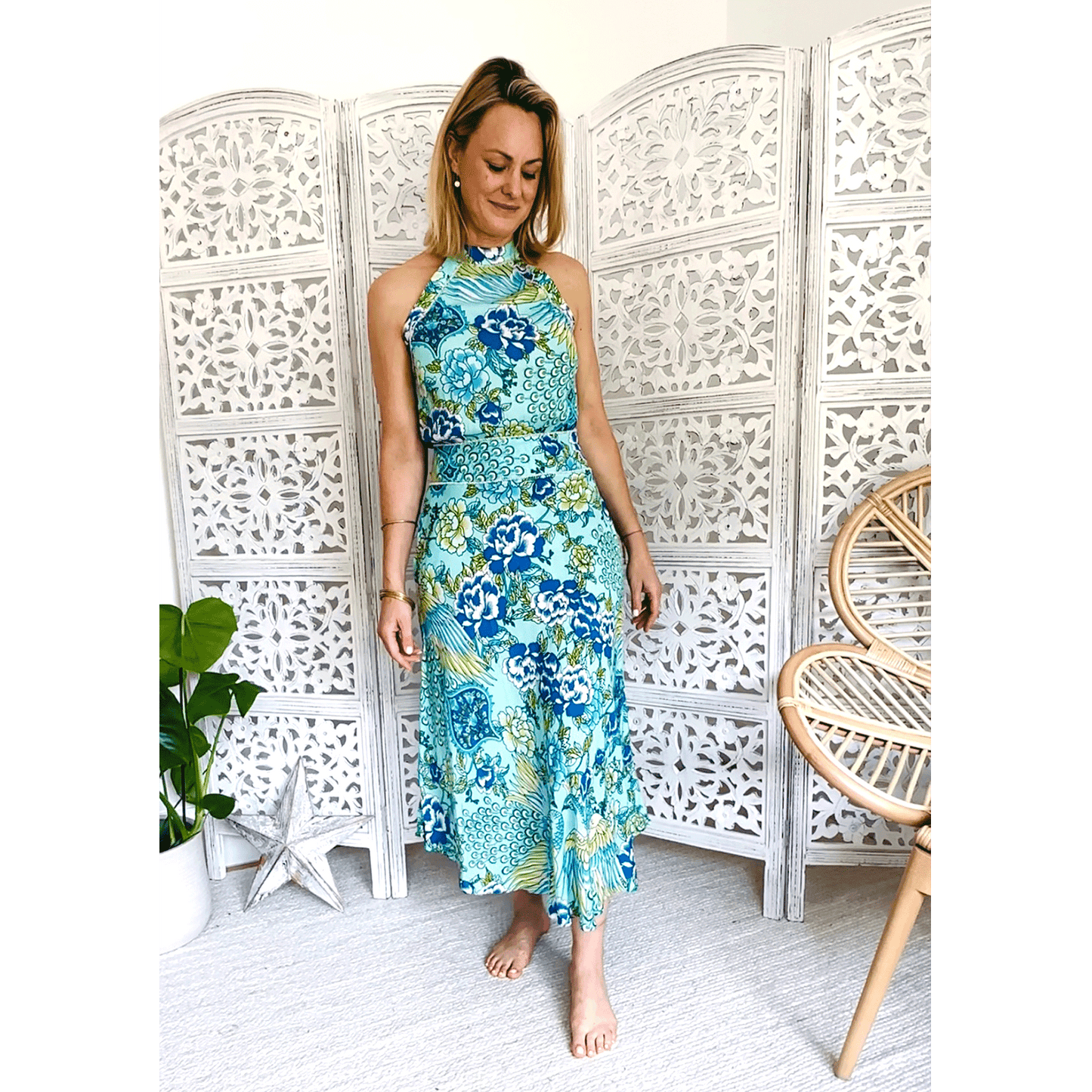 Beaded Floral Print Midi Dress