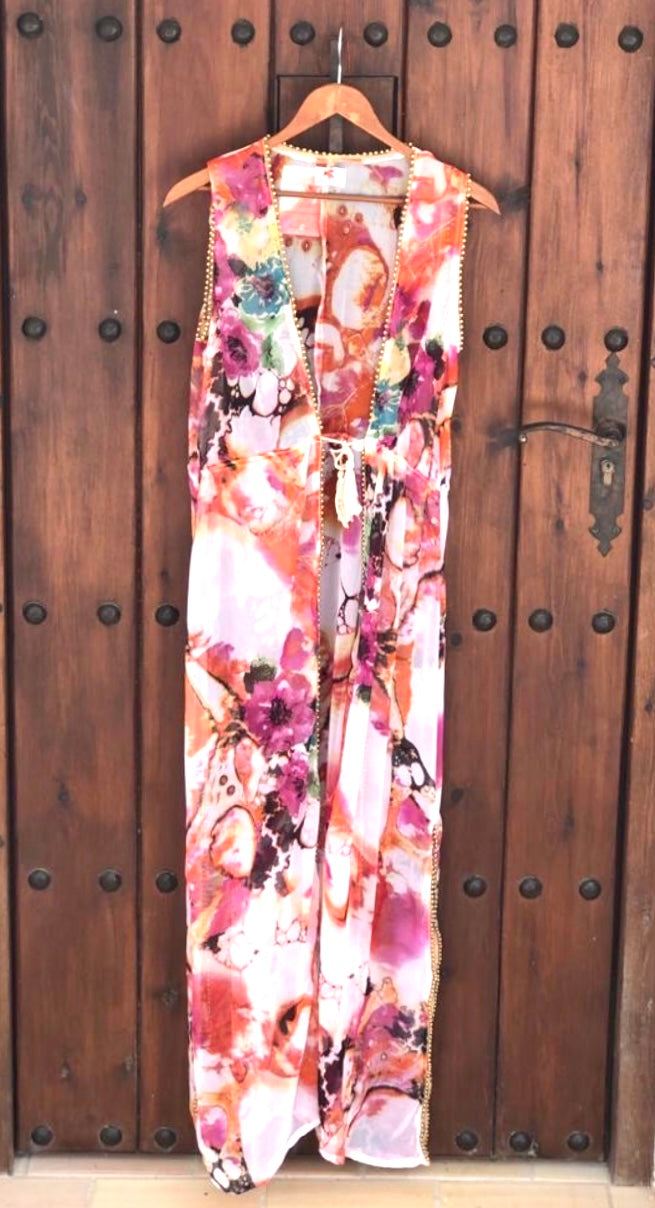 Long Pink & Orange Beach Kimono