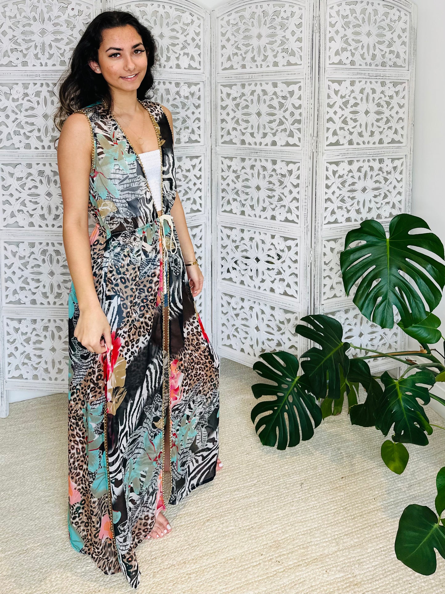 Long Feather & Floral print Beach Kimono