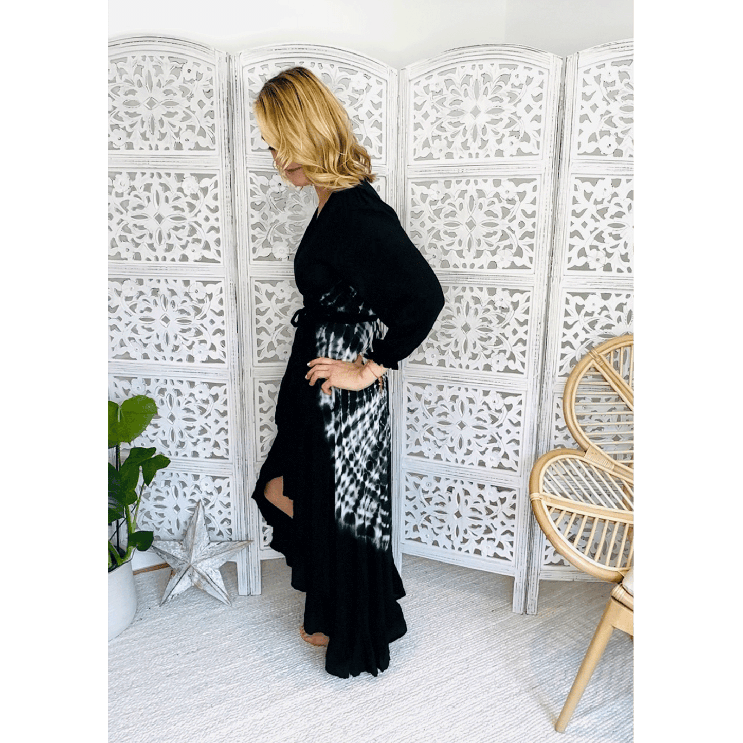 Black Tie Dye Wrap Maxi Dress