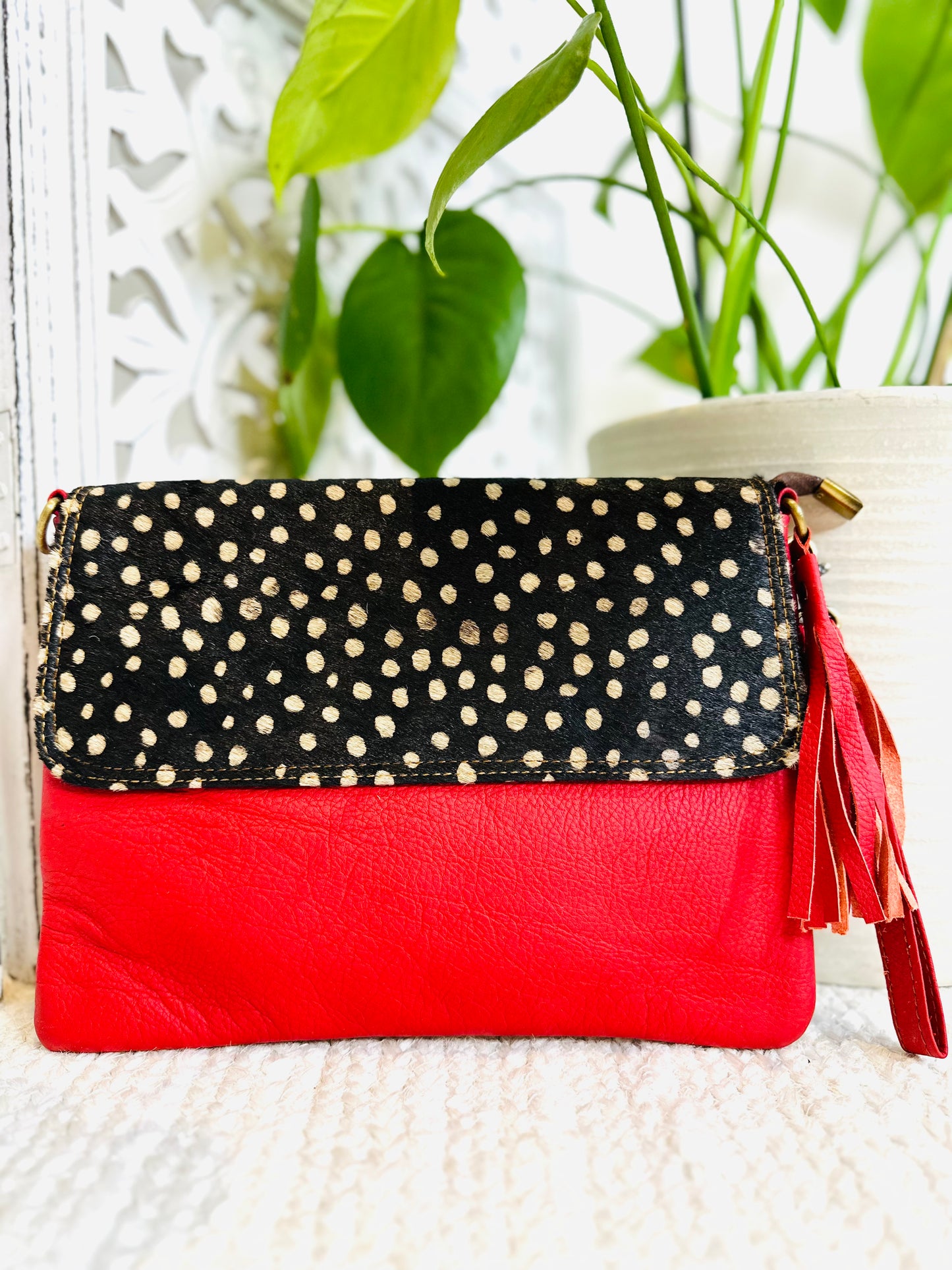 Monochrome Spot Red Large Animal Print Clutch